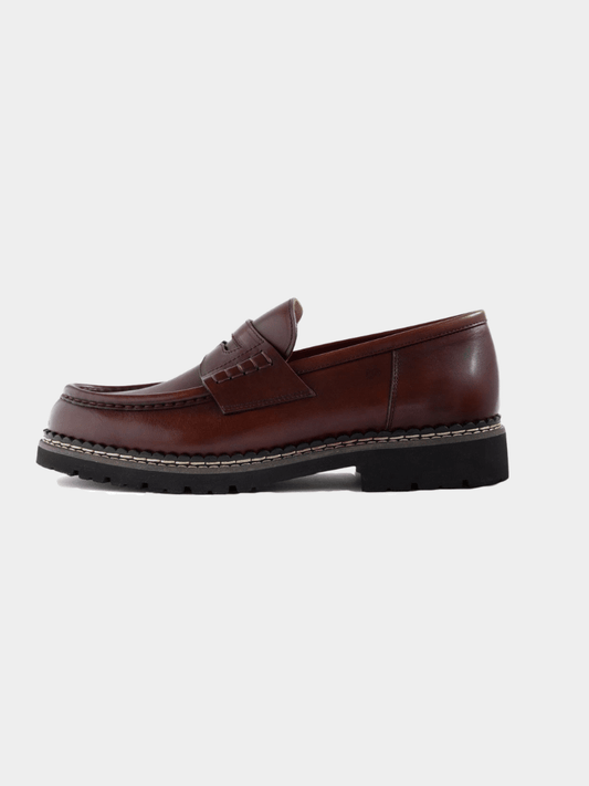 Rust-colored Atlas Loafer by Mercer Society, featuring classic slip-on design and sleek leather finish.