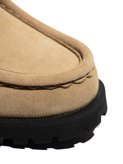 Beige Mercer Society Lug Moc Derby shoe in EU38 / UK5.5 / US6 with textured sole and classic moccasin style footwear.