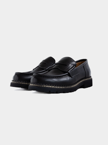 Black Mercer Society Atlas Loafer in EU38/UK5.5/US6, showing the classic slip-on design with smooth leather finish.