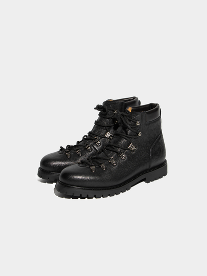 Pair of Mercer Society Ridgeworks High Black Grain leather shoes showing detailed black grain leather uppers and sturdy soles.