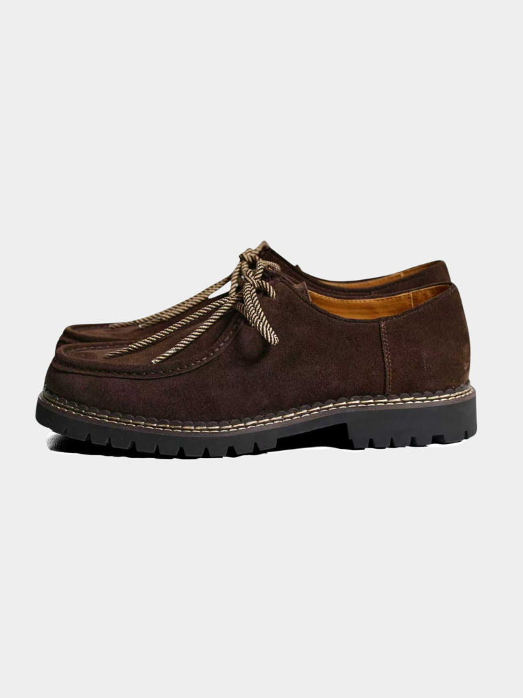 Brown suede Slate Derby shoes by Mercer Society, EU38/UK5.5/US6, showing detailed close-up of the textured suede material.
