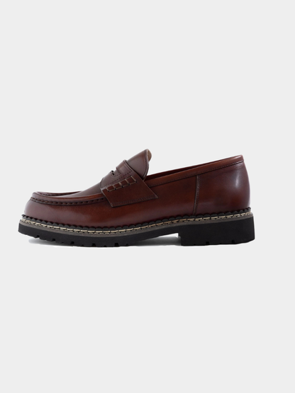 Mercer Society Atlas Loafer in rust leather, EU38/UK5.5/US6, showing stylish slip-on design with stitching details.