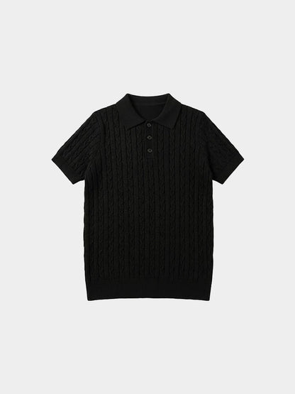 Black Mercer Society Cove Polo shirt displayed on a mannequin, highlighting the classic collar and slim fit design.