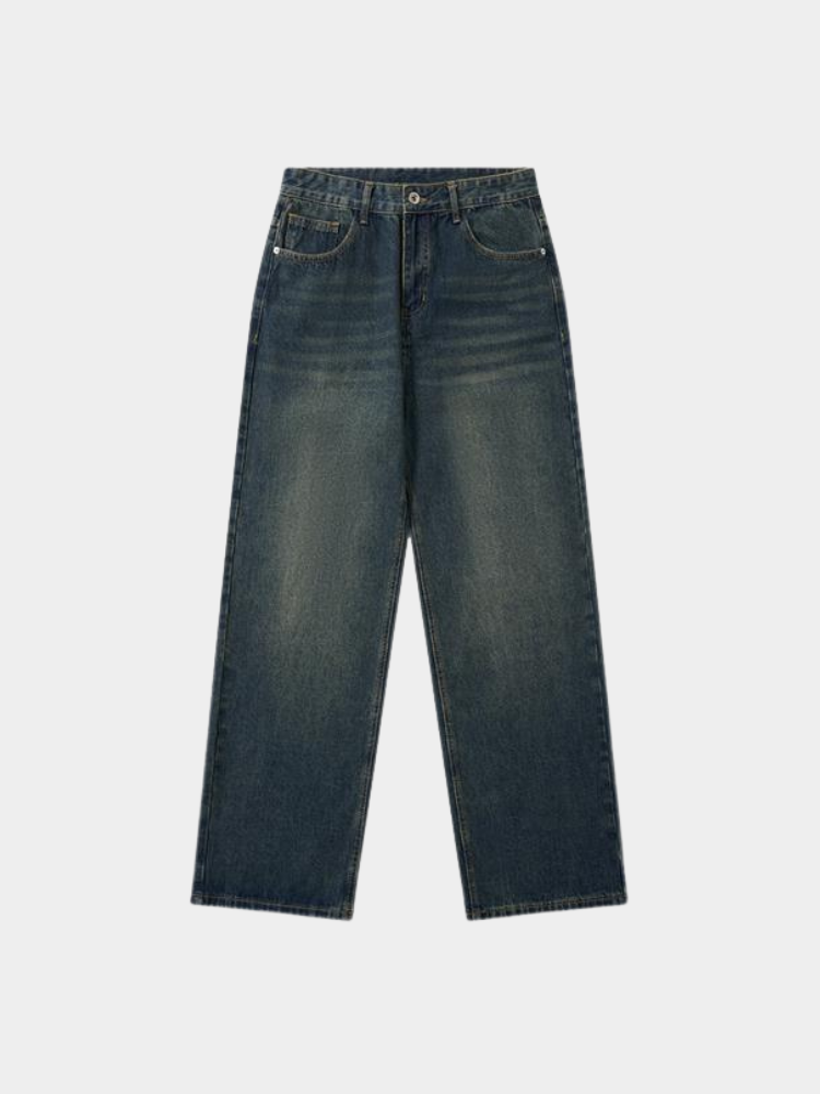 Mercer Society Fathom Jeans in dark wash denim, classic five-pocket design, slim fit with belt loops, shown on a model.