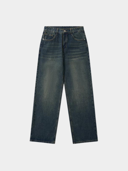Mercer Society Fathom Jeans in dark wash denim, classic five-pocket design, slim fit with belt loops, shown on a model.