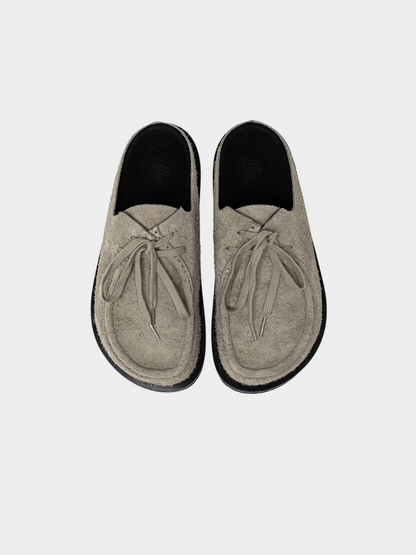 Mercer Society Mule Sandstone shoe in EU 38/UK 5.5/US 6, shown from a side view, featuring a beige suede upper and slip-on design.