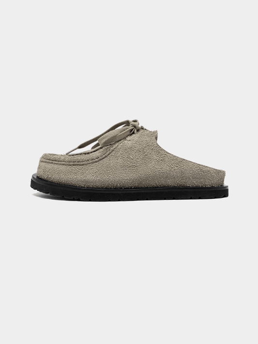 Mercer Society Mule Sandstone slip-on shoes with tan leather uppers and stacked wooden heels on a neutral background
